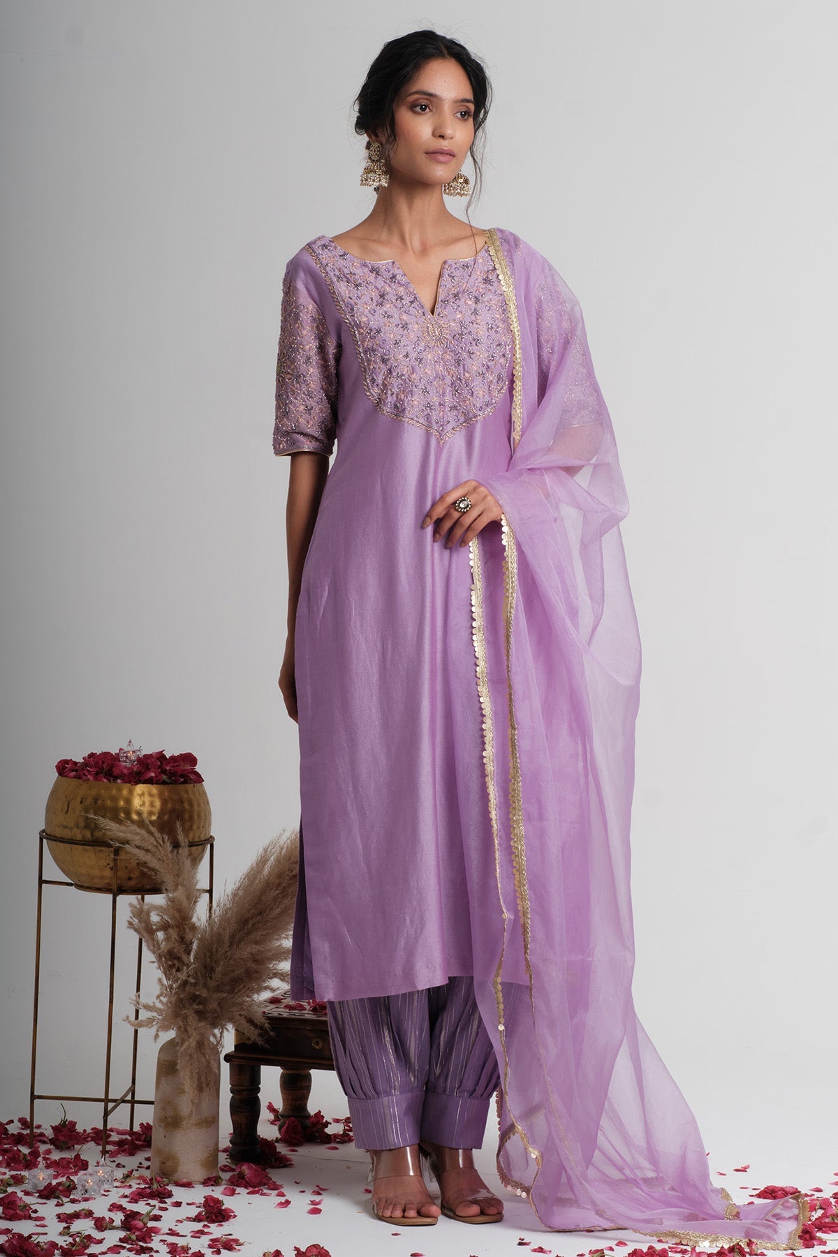 Buy Lavender Chanderi Silk Kurta Set for women online available at Scrollnshops